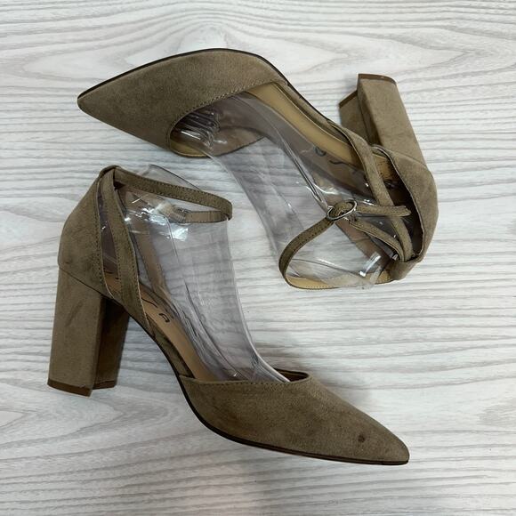 Unisa Pointed Toe Pumps WMNS 10M Tan High Heels Buckle Closure Ankle Strap Block - Picture 6 of 7
